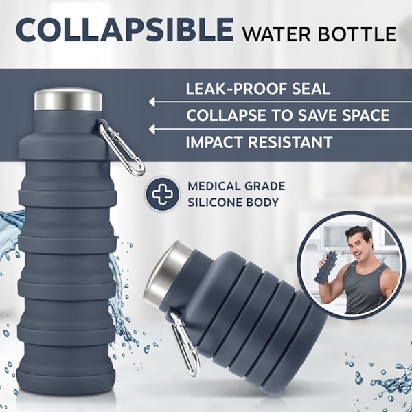 Hopfällbar vattenflaska i silikon, resetillbehör, hopfällbar gymflaska, läckagesäker, vandringstillbehör, hopfällbar vattenflaska 500 ml Gray