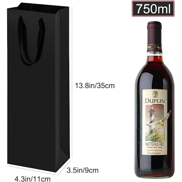 12 stk. Vin Gaveposer Enkeltflaske, Vinflaske Gaveposer, Robust Genanvendelig Kraftpapir Vinbærepose med Håndtag til Jubilæer, Fest, Jul Black