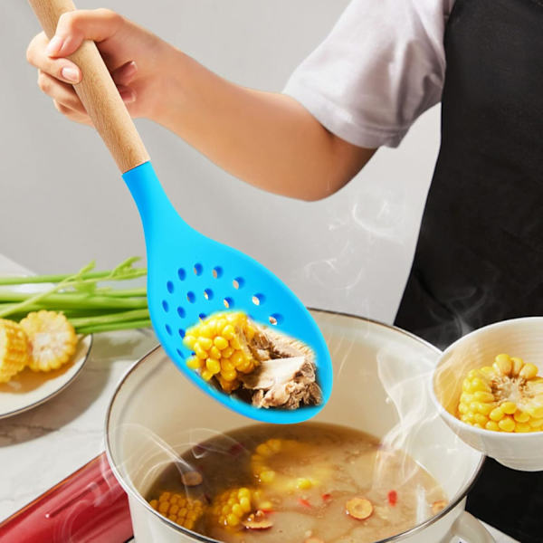 Köksslev sil, stor slitsad sked med hög värmebeständig BPA-fri non-stick matlagning skimmer för dränering, stekning (himmelsblå)
