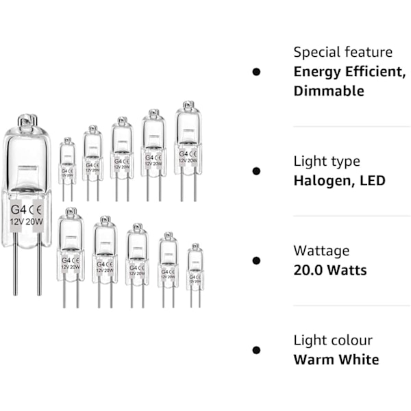 G4 Halogenpærer, 12V 20W Halogen Lyspærer 2-pins Klar Kapsel Lampe Pære, Halogen-Pin-Base-Lampe Varmt Hvit Lys Klar Kapsel (10-pakning)