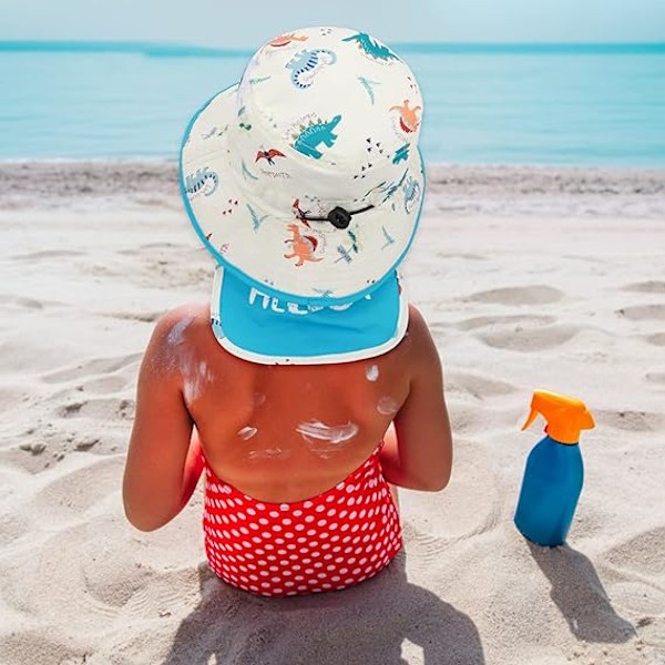 Solhat til småbørn Sommer Spandhat Bredbremmet Strandhat med Hakestroppen UPF50 Dinosaur Flap Hat til Børn 2-5 År