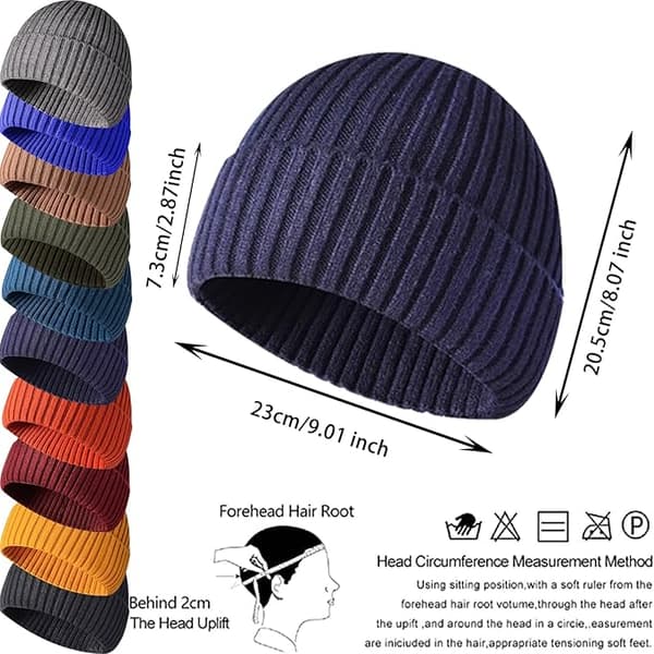 Vinter Beanie Hat, Unisex Strækbar Blød Cuffed Skullcap, Termisk Stribet Rulbar Kant Vinter Hat, Blå