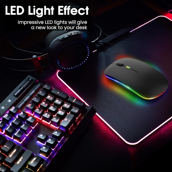 LED Trådløs Mus, Slank Genopladelig Trådløs Lydløs Mus, 2.4G Bærbar USB Optisk Trådløs Computermus med USB Modtager til Notebook, PC, Laptop Black