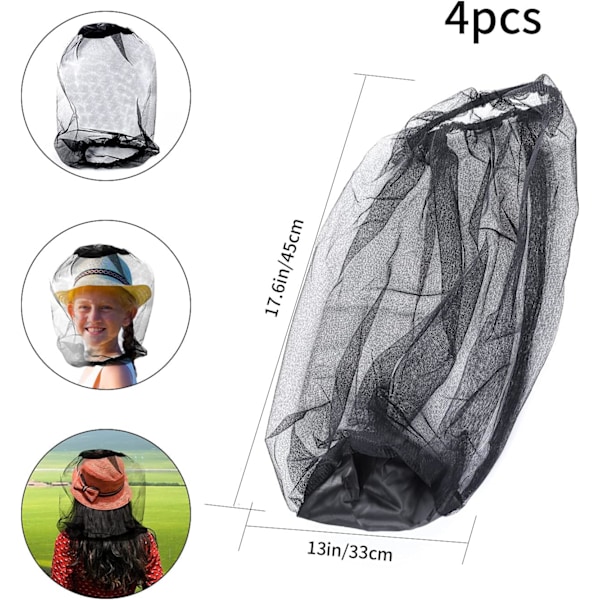 4 st Midge Head Net, Nylon Myggnät Huvudskyddsnät, Fint Masknät, Ansiktshalsnätsskydd för Utomhus, Vandring