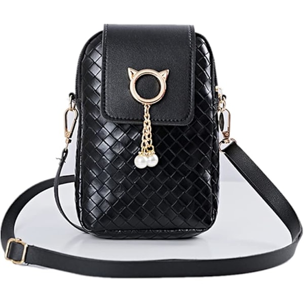 Mini Crossbody PU Mobiltelefon Väska, Dam Zipper Telefon Plånbok Smart Mobiltelefon Väska med Justerbar Axelrem Black