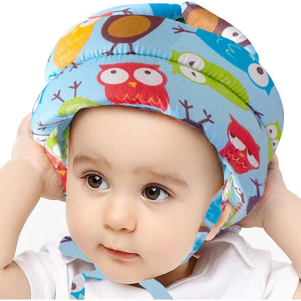 Babyskyddshjälm Spädbarnshuvudskydd Småbarnsskyddande hatt Bomull Justerbar Säkerhetshjälm för att lära sig klättra och gå Owl Blue