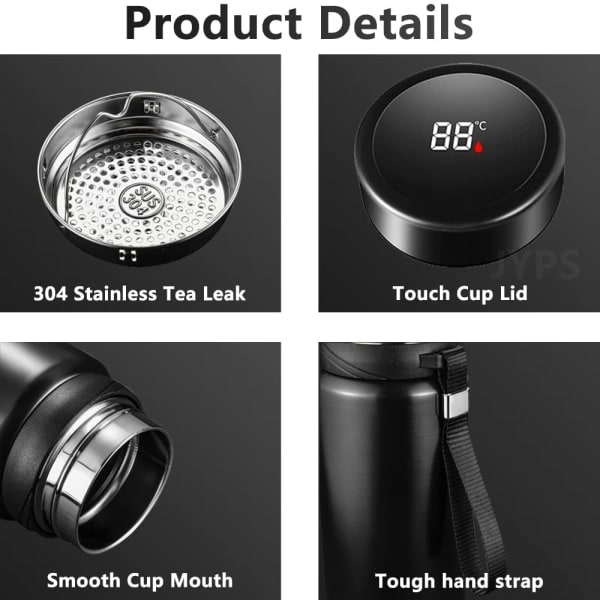 1000ml Smart Termosflaske Holder Kold og Varmt Vand Temperaturvisning Intelligent Termos til Vand Te Kaffe Vakuumflasker - 1000ML Black