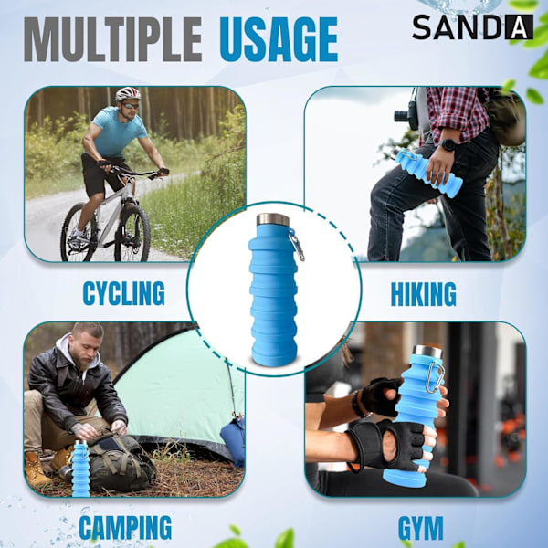 Sammenklappelig Vandflaske Silikon Rejse Essentials Foldbar Gym Flaske Lækagesikker Vandreture Tilbehør, Sammenklappelig Vandflaske 500ml Blue