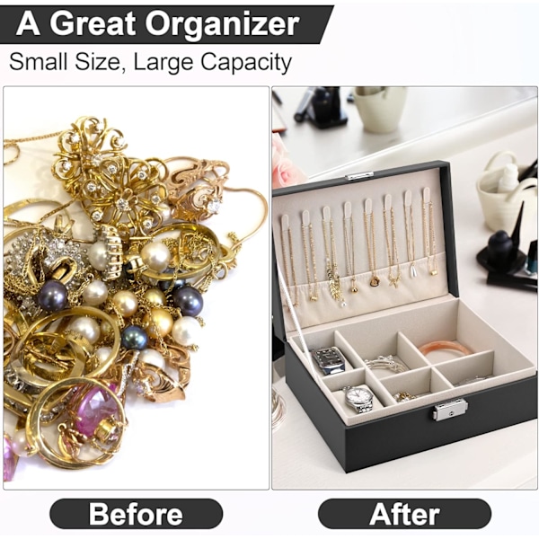 2-lags Stor Smykke Organiser Box, PU Læder, Smykke Organiser til Øreringe Ringe Halskæder Ure Armbånd Black