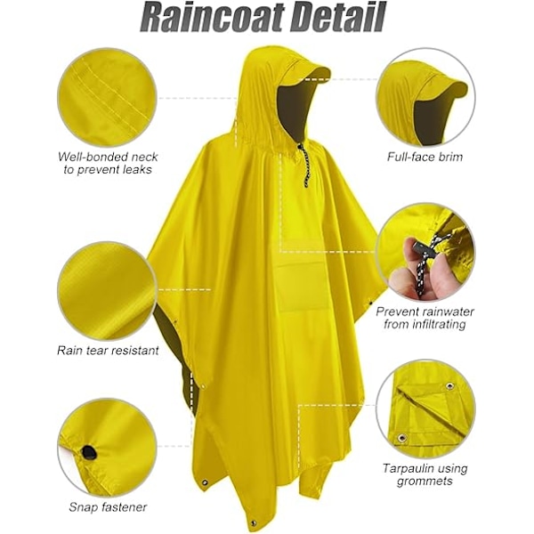 Vattentät Poncho Vuxen, Återanvändbar Regnponcho Vuxen Vattentät Poncho Vattentät Vuxen Lätt Vattentät Regnrock för Utomhus Vandring Camping Yellow