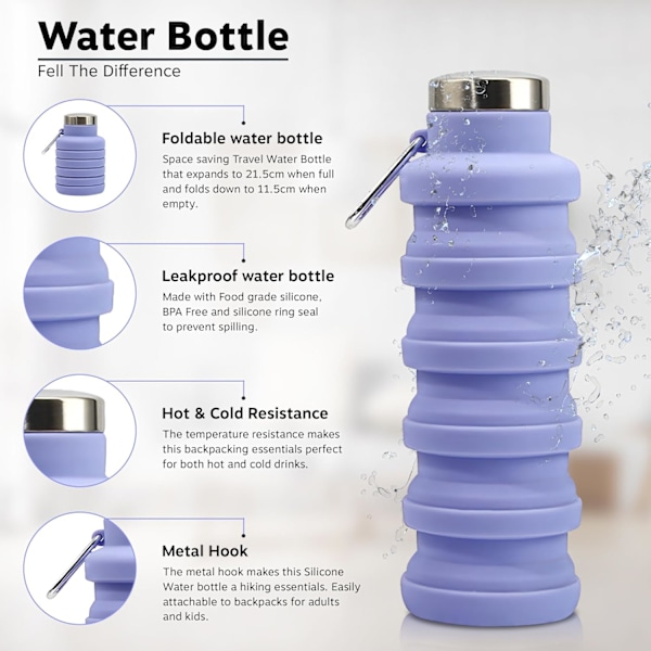 Sammenleggbar Vannflaske Silikon Reisevesentlig Foldbar Gymflaske Lekkasjesikker Vandring Tilbehør, Sammenleggbar Vannflaske 500ml Purple