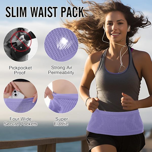 Slim Fit Löparbälte med 4 Säkra Stora Fack, Fukttransporterande Workout Fanny Pack, Midjeväska för Löpare, Fitness, Träning och Gymträning XL Purple