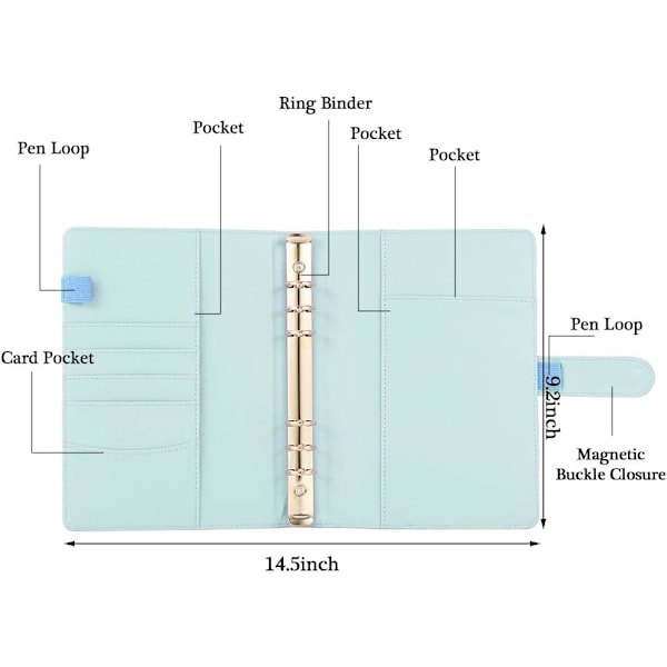 A5 PU Læder Ringbind, Genopfyldeligt 6-Ringe Bind Cover, Forretningsnotesbog Bind Notesblok og Møde Notesbog Blue