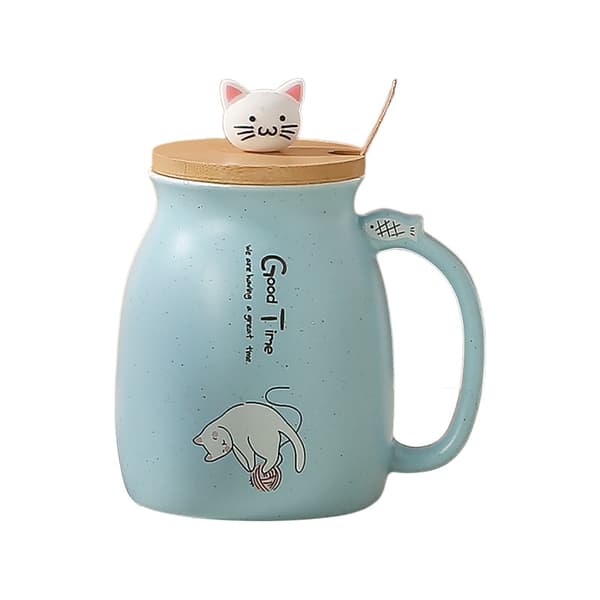 Kattmugg Keramisk Kaffe Mugg Tekopp med lock Sked Söt Cool Preppy Saker Presenter till Kvinnor Blue