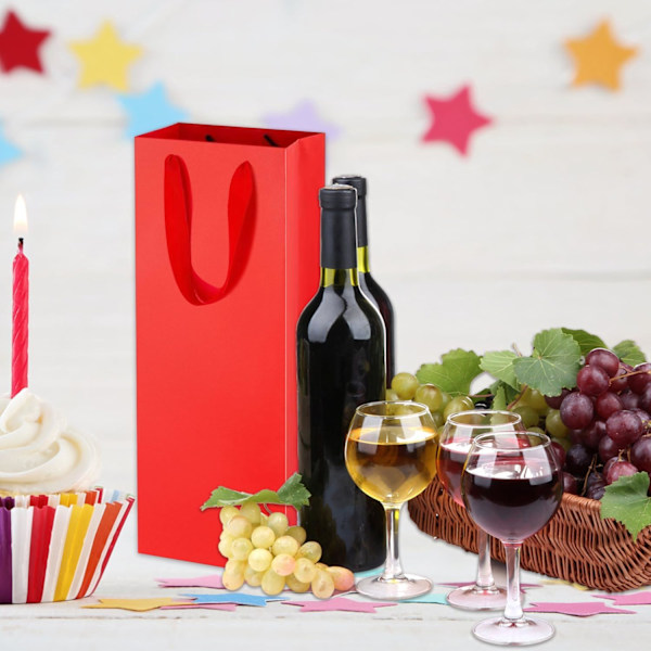 12 stk. Vin Gaveposer Enkeltflaske, Vinflaske Gaveposer, Robust Genanvendelig Kraftpapir Vinbærepose med Håndtag til Jubilæer, Fest, Jul Red