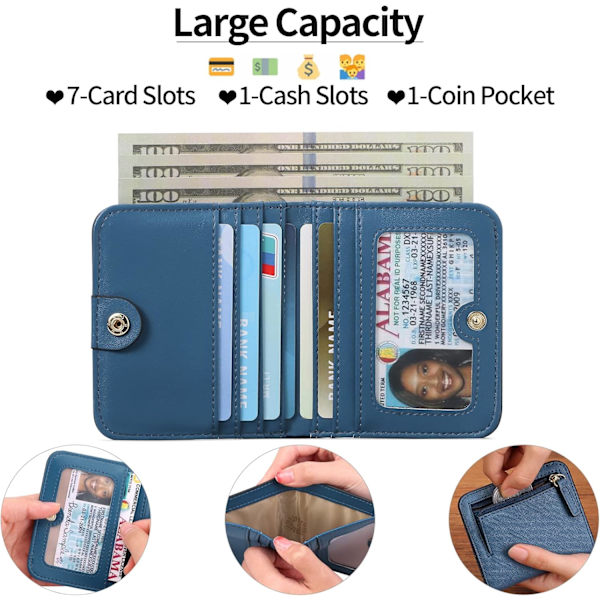 Kvinnors plånbok blockerande läder kompakt bi-fold plånbok för kvinna dragkedja myntficka liten dam plånbok med ID-fönster Denim Blue