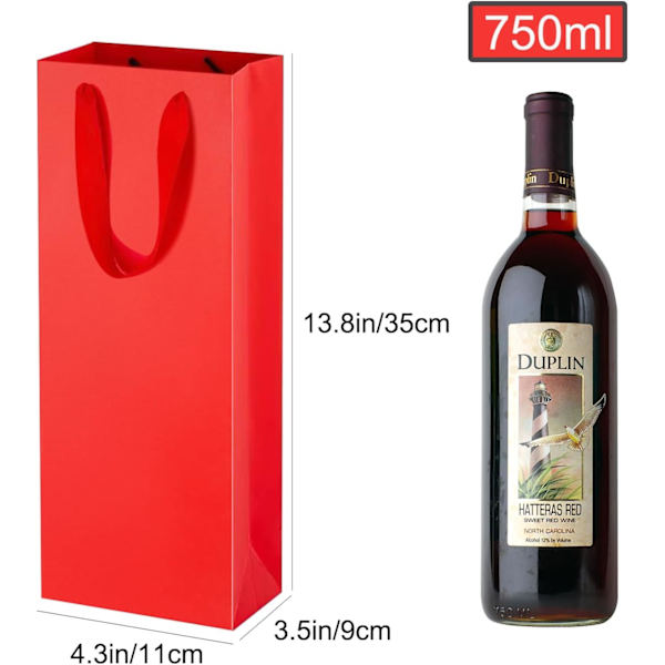 12 stk Vin Gaveposer Enkeltflaske, Vinflaske Gaveposer, Robuste Gjenbrukbare Kraftpapir Vinbærepose med Håndtak for Jubileer, Fest, Jul Red