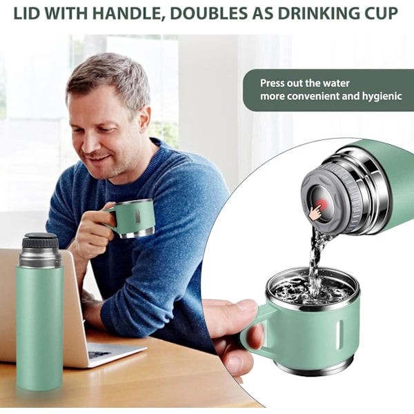 500 ml Vakuumflaske, Isolerte Reisekopp med Innebygd Lekkasikkert Lopp og Håndtak, Gjenbrukbare Drikkflasker Holder 12 timer Varmt & Kaldt, Grønn