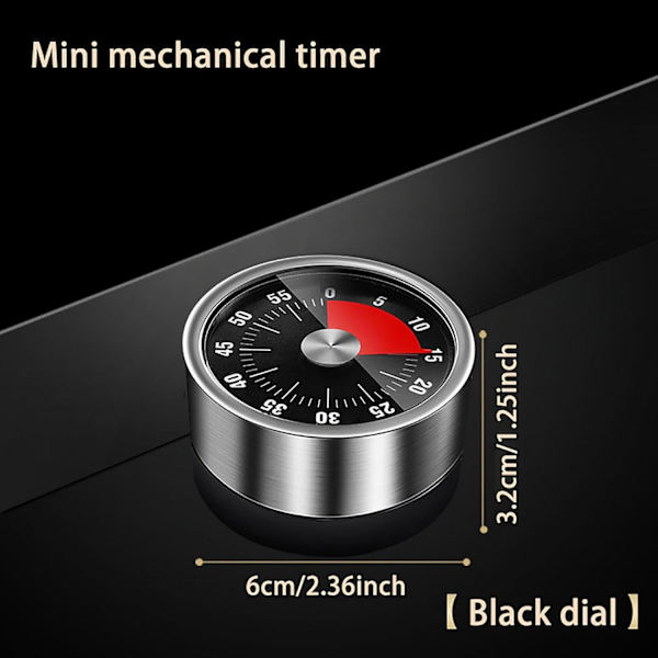 Stål Vintage Køkken Timer med Magnetisk Bagside, 60-Minutters Nedtælling og Høj Klokke - Ideel Mekanisk Timer til Madlavning Black