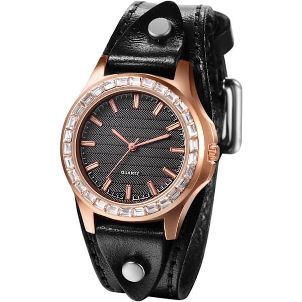 Damklocka i vintage läder: Analog rund kvarts casual manschettband armbandsur