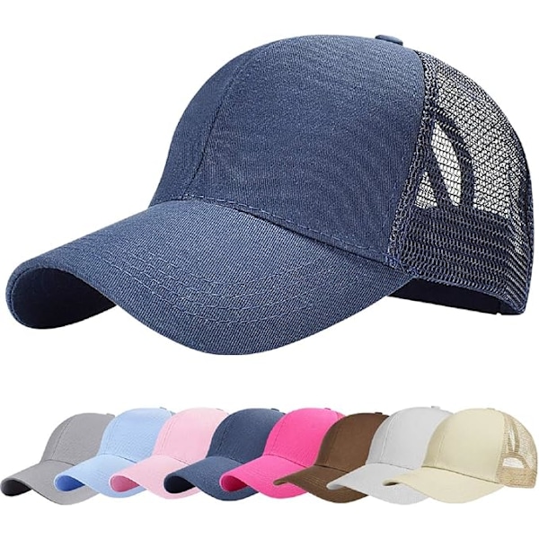 Baseballcaps for menn og kvinner, sommer, pustende, hul, åpen mesh, unisex, hestehale, sportslige truckercaps, justerbare, utendørs hatter, marineblå