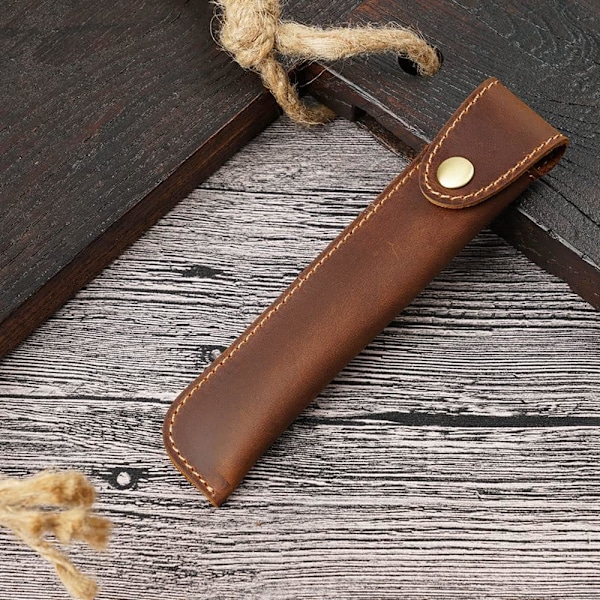 Læder Pen Etui Holder, Beskyttende Pen Etui, Fyldpen Holder Etui, med Metal Knap, Ægte Læder Håndlavet, til Stylus Touch Pen, Kuglepen brown