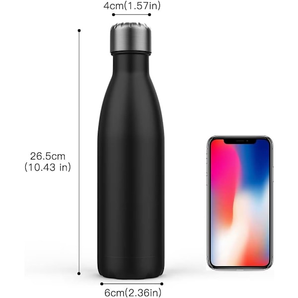 500 ml Isolerad Vattenflaska, Dubbelväggig Rostfritt Stål Vakuumflaska Håller Kallt i 24 Timmar och Varm i 18 Timmar Black