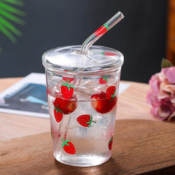 Glasskrus med sugerør og lokk, 300ml drikkekopp glass vannflaske gjenbrukbar drikkevannsglasskopp for kald drikke kaffe