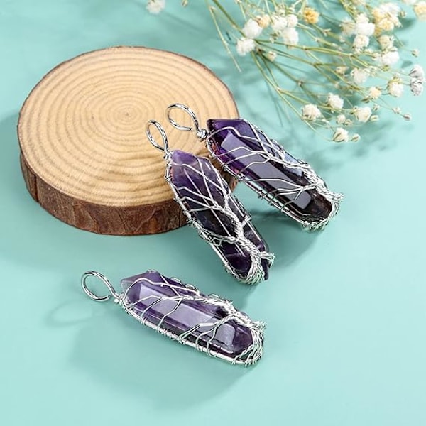 Kristallsten Halsband Livets Träd Silver Inlindad Bergkristall Hänge Smycken för Kvinnor Present Purple