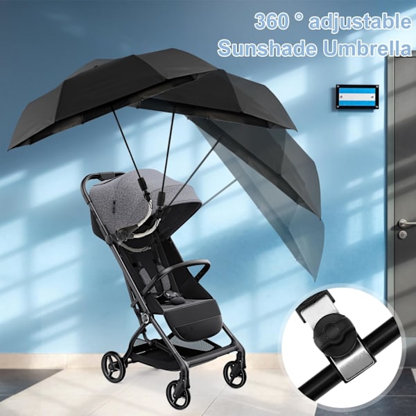 Universal Barnevogn Parasol 360° Justerbar Stroller Parasol UPF 50+ Solbeskyttelse Stroller Parasol med Justerbar Klemme Black