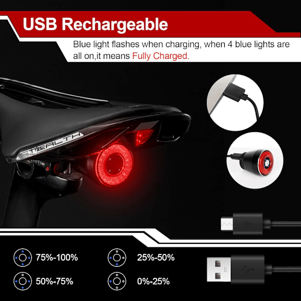 Ultrastark smart bakljus för cykel, USB-laddningsbart bromsljus, hög intensitet. Lätt att installera för cykelsäkerhet