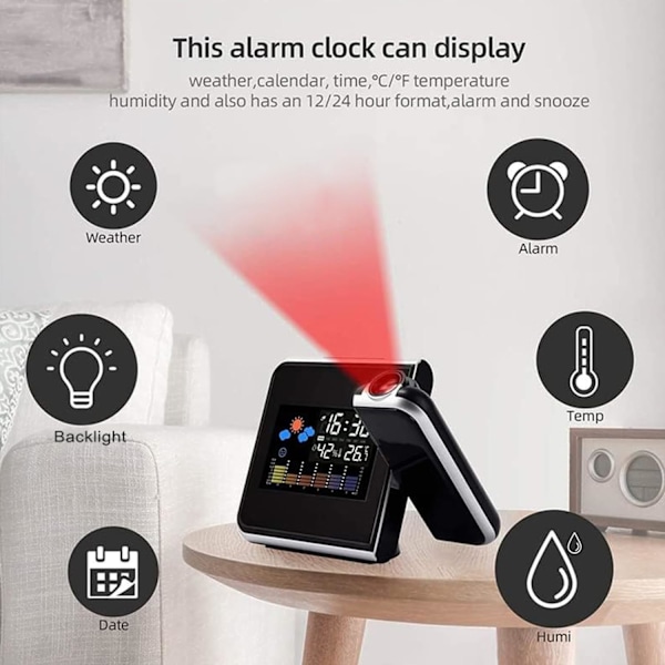 Projektionsväckarklocka, väderklocka sängbord med 180° projektor, LCD-digitalklocka med 12/24H för sovrum