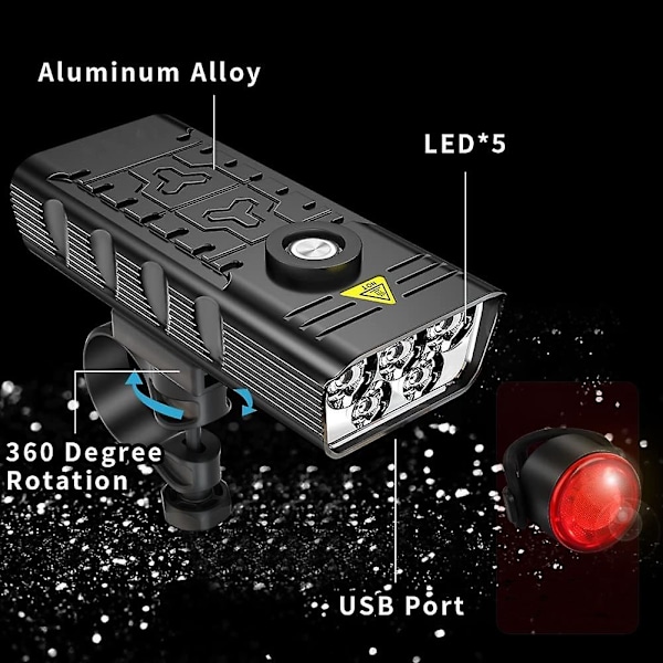 7000 lumen kraftful cykellampa fram och bak, 5 LED superljus USB-laddningsbar, vattentät