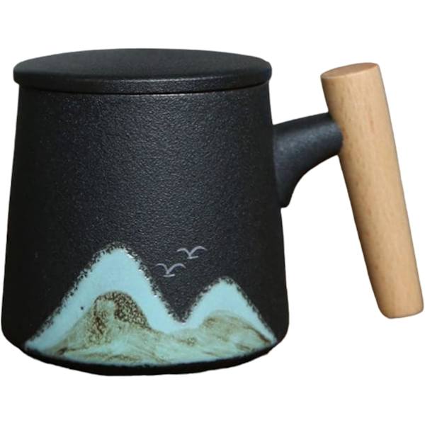 400ml Keramik Kaffeekop 14oz med Træhåndtag og Låg, Keramikkop til Hjemmet og Kontoret