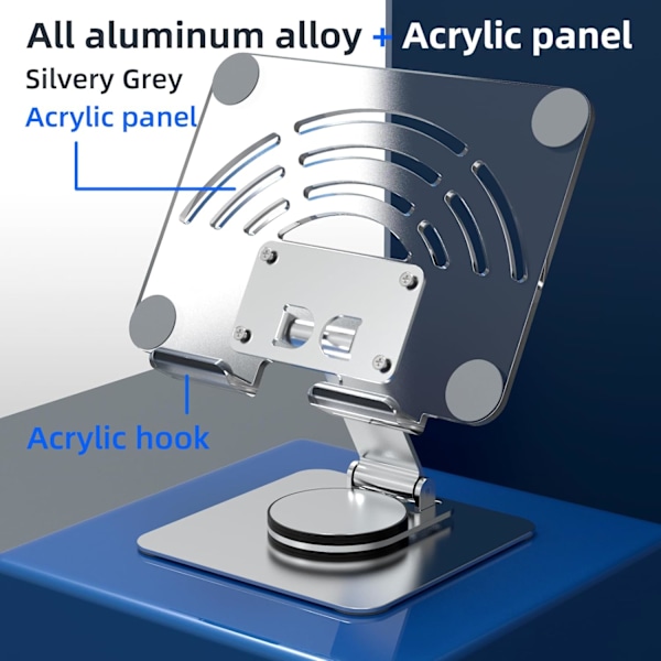 Tablettstativ. 360° Rotasjon Justerbar Tablett Holder, Foldbar Aluminium Skrivebord iPad Stativ Dokk for iPad Pro/Mini/Air, iPhone Silver