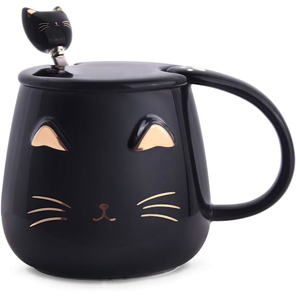 Svart kattmugg, söt kattunge keramisk kaffemugg med rostfritt stål sked, nyhet kaffemugg kopp för kattälskare kvinnor flickor