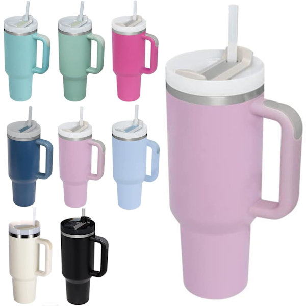 40 oz Tumbler med Håndtag og Strå Låg Isoleret Genanvendelig Rustfrit Stål Vandflaske Rejsemug Iced Coffee Cup Rejsemug til Varmt og Koldt (Lilla)