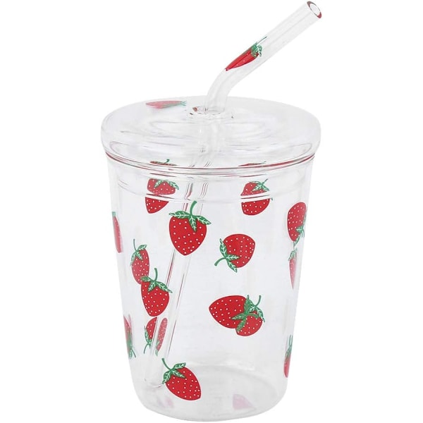 Glasskrus med sugerør og lokk, 300ml drikkekopp glass vannflaske gjenbrukbar drikkevannsglasskopp for kald drikke kaffe