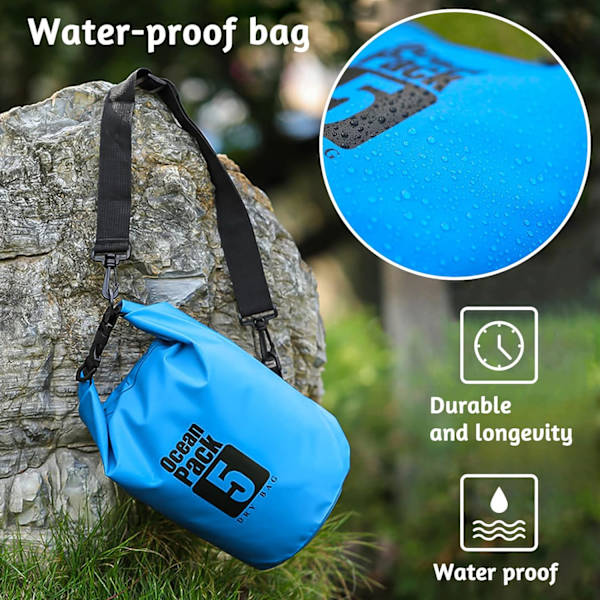 Vanntett tørrpose 5L med skulderstropp, tørr kompresjonspose holder tørt og rent for fotturer, camping, svømming, båtliv
