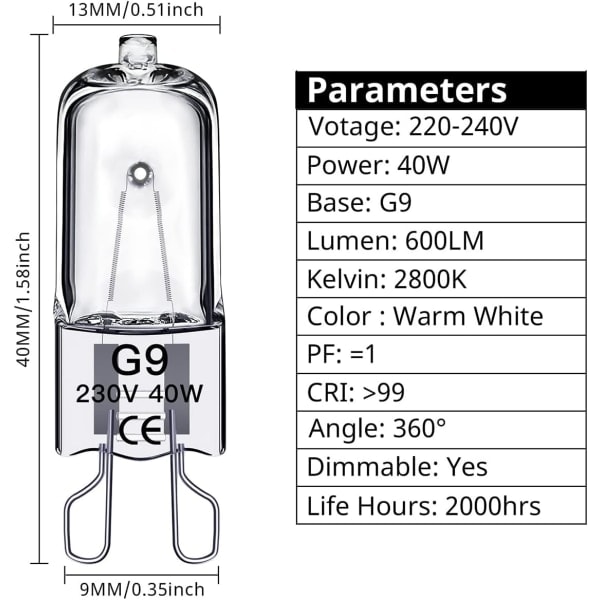 G9 Halogenpærer 40W, 230V, 10-pakning 40W 60W