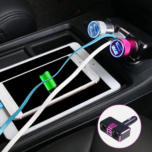 Bilstøpsel med Sigaretttenner 1 til 2 Billader med 2xUSB-port 100W Rask Lading Billader for 12-24V Kjøretøy Purple