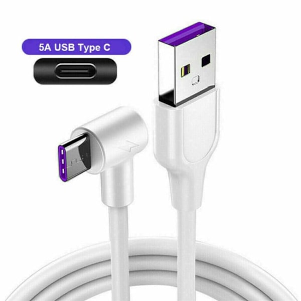 USB C-laddningskabel, Typ C snabbladdningskabel, 90 graders snabbkabel, USB till USB C laddare och datasynkroniseringskabel för Samsung Galaxy S22 (vit) 1.5M