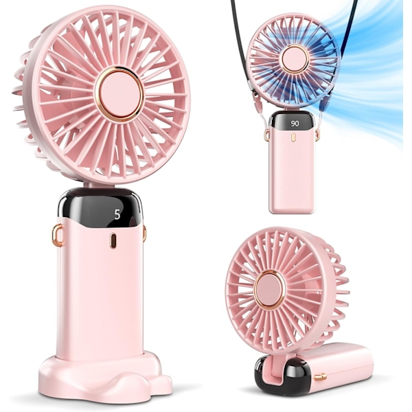 Handheld Fan, Battery Operated Fan with Base, LED Display, 5 Speeds Fan, 90° Adjustable Foldable Desk Desktop Fans