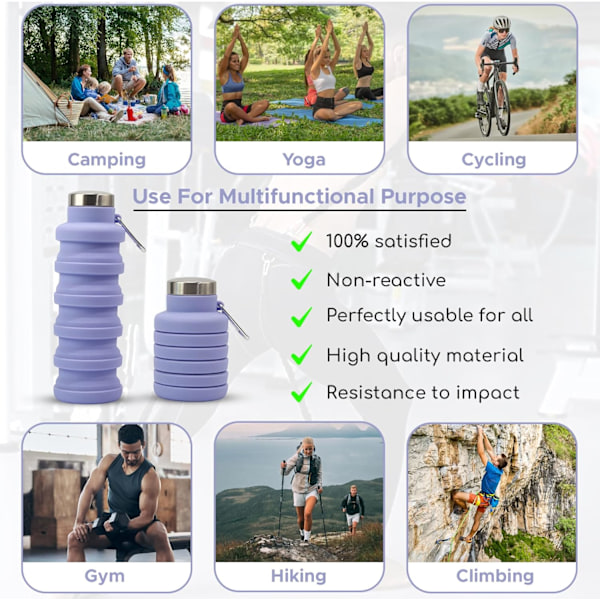 Sammenklappelig Vandflaske Silikon Rejse Essentials Foldbar Gym Flaske Lækagesikker Vandreture Tilbehør, Sammenklappelig Vandflaske 500ml Purple