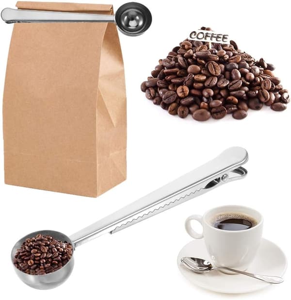 Kaffe Måleske Seglklips, Rustfrit Stål Malet Kaffe Kaffe Ske Spatel med Pose Seglklips 2 i 1