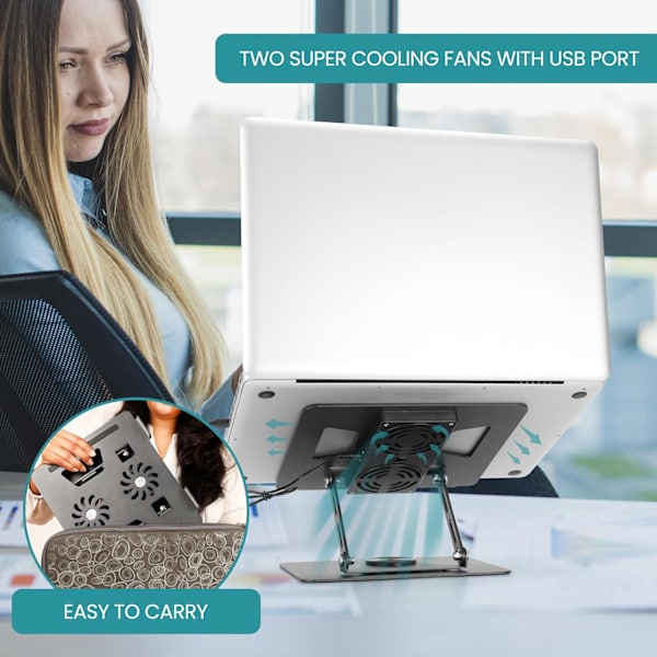 Justerbar Laptop Stativ til Skrivebord - 360° Drejelig Base, Foldbar Laptop Højder med Køleplader - Ergonomisk Bærbar & Kompatibel