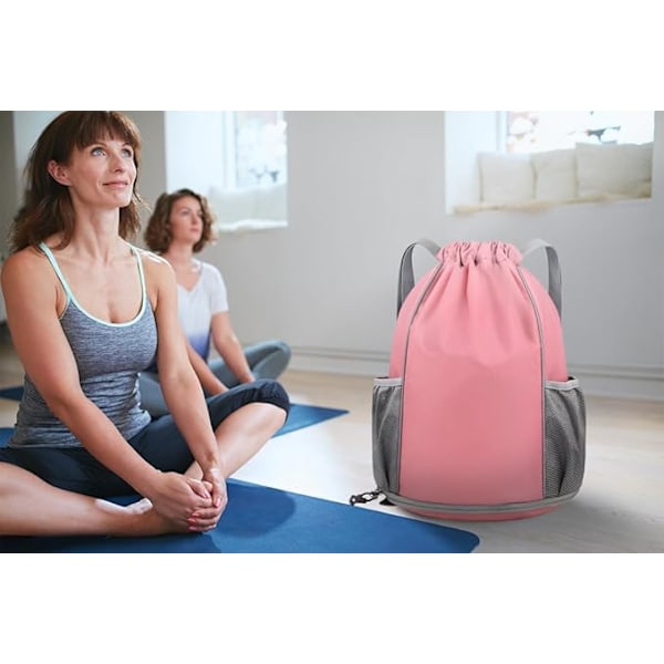 Gym Bag String Swim PE Bag Sport Gym Drawstring Bag Vattentät Drawstring Sport Bag med Ytterficka med Dragkedja för Sport Strandsemestrar Simning Resor Pink