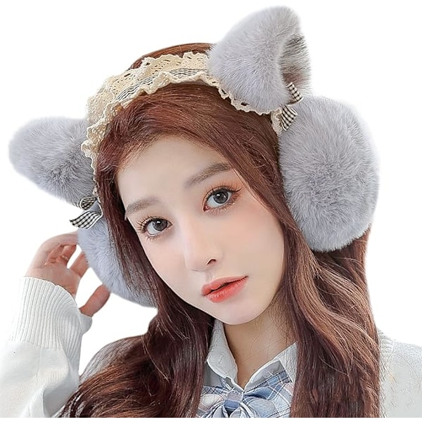 Women Girls Furry Winter Earmuff Cute Cat Pattern Lace Faux Fur Ear Warmer Princess Fancy DressCostumeAccessoriesHeadbandEarCover Ear Wrap Folding