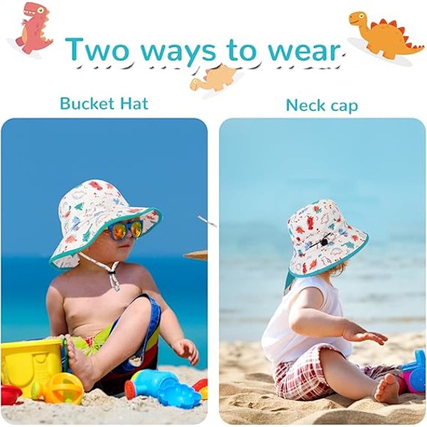 Solhat til småbørn Sommer Spandhat Bredbremmet Strandhat med Hakestroppen UPF50 Dinosaur Flap Hat til Børn 2-5 År