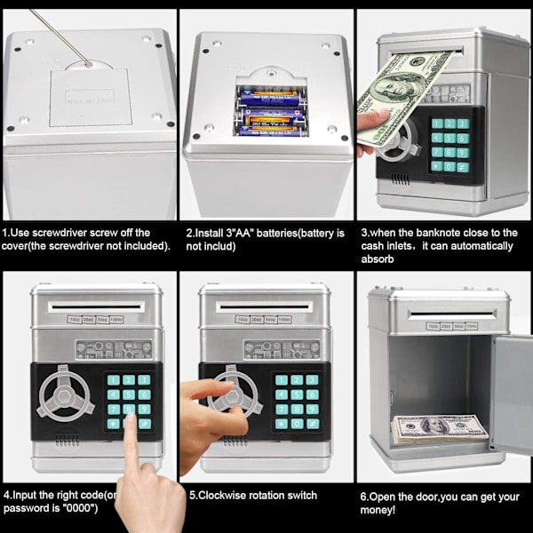 Elektronisk spargris, Mini ATM lösenord sparbössa kontanter mynt sparbössa för barn, tecknad säker bankbox perfekta leksaks presenter för pojkar flickor Silver